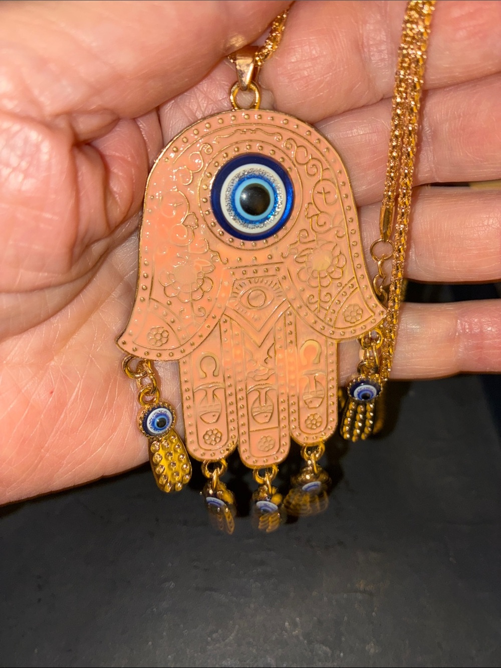 Gold Hamsa Hand Evil Eye Pendant Necklace